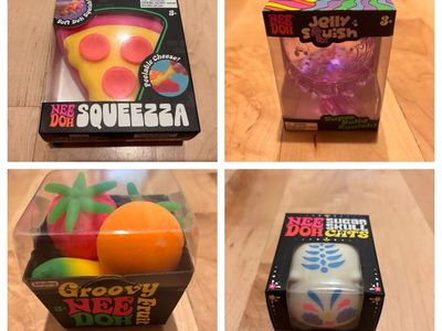 Needoh sugar skull cat, jellyfish, groovy fruit, and pizza