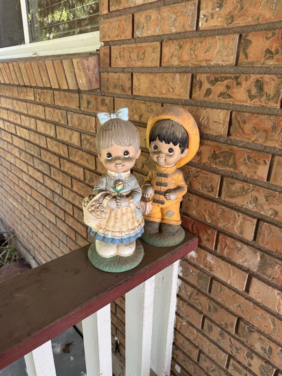 Vintage Ceramic Boy and Girl Figurines, Outdoor Garden Statues, Cute Patio Decor