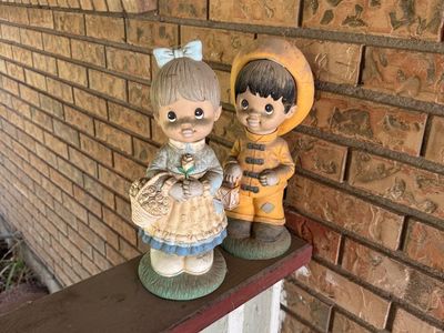 Vintage Ceramic Boy and Girl Figurines, Outdoor Garden Statues, Cute Patio Decor
