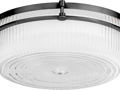 QUORUM INTERNATIONAL EMORY 14" WIDE LED FLUSH MOUNT DRUM CEILING FIXTURE WITH CLEAR, RIBBED GLASS SHADE 368-14-59 NEW!!!