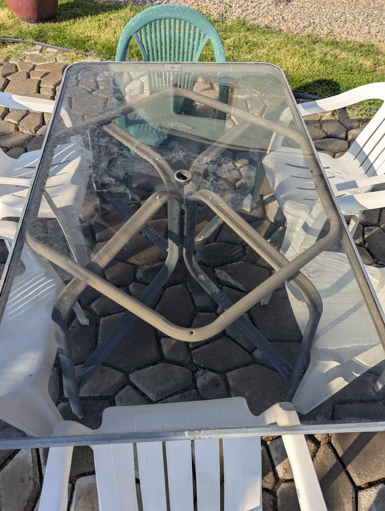Outdoor Patio Dining Table with Glass Top and 6 Chairs - Used Condition