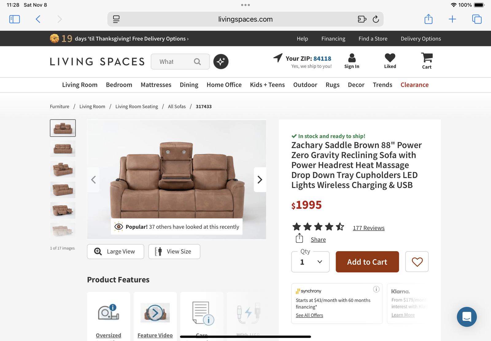 Zero gravity recliner