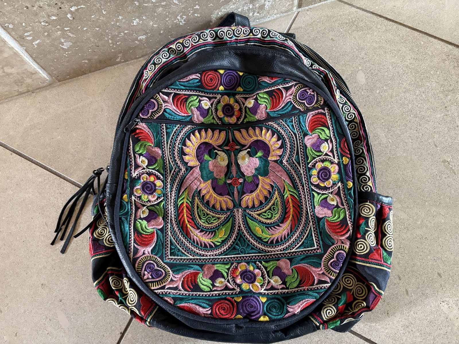 Black Leather Backpack w/ Embroidery