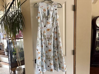 New Blue French Cafe Print Dress Sz S