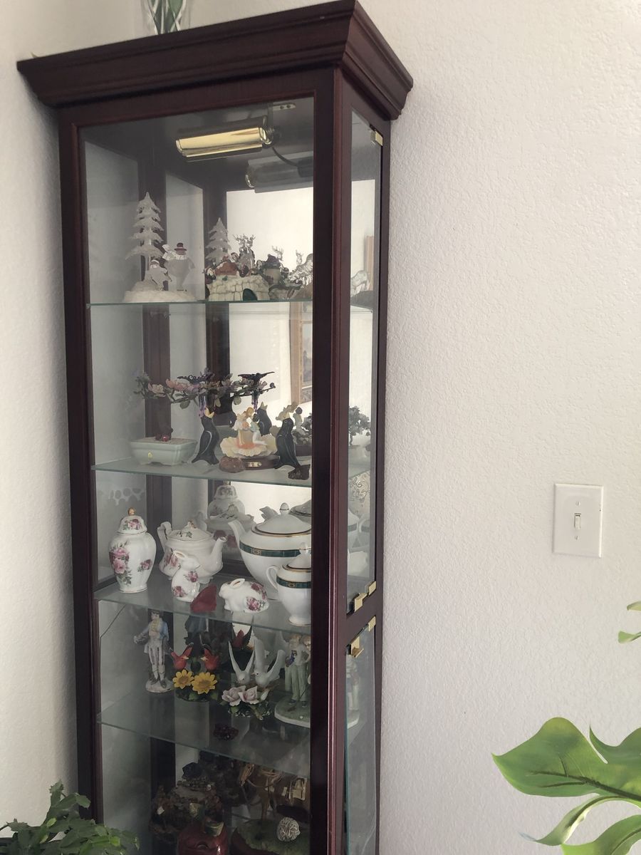 Tall Mahogany Finish Curio Display Cabinet with Glass Shelves and Built-In Light