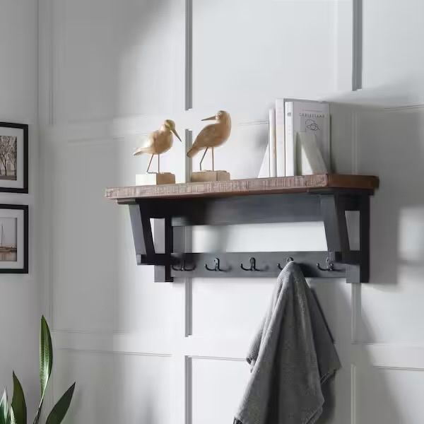 Rustic 42” Solid Wood & Steel Wall Coat Hook Shelf • Brand New