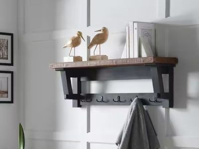 Rustic 42” Solid Wood & Steel Wall Coat Hook Shelf • Brand New