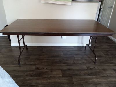 Folding Utility Table 6ft x 30in - metal and Brown Wood Grain, Portable & Durable