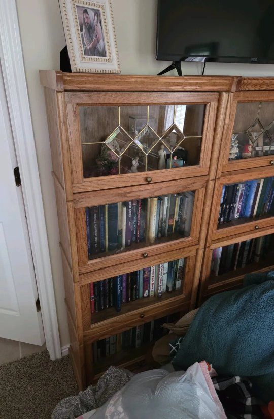 Oak Finish Bookcase with Glass-Front Display Cabinets - Stackable Design, Versatile Storage