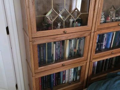 Oak Finish Bookcase with Glass-Front Display Cabinets - Stackable Design, Versatile Storage
