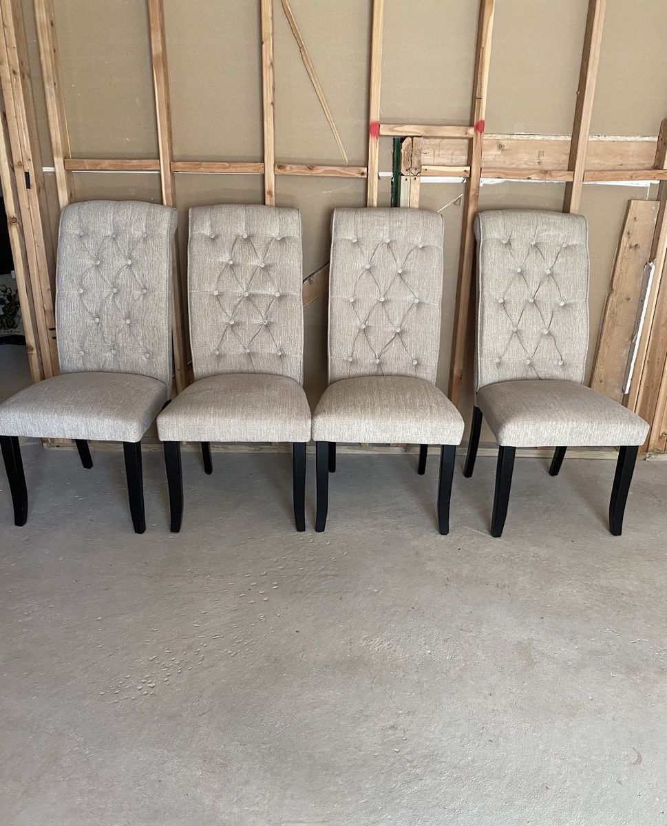 Set of 4 Tufted Upholstered Dining Chairs - Beige Fabric, Black Legs