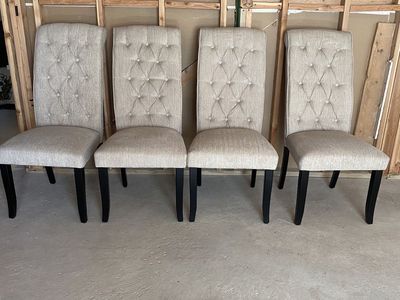 Set of 4 Tufted Upholstered Dining Chairs - Beige Fabric, Black Legs