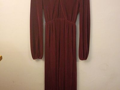 Baltic Born XS Maroon Burgundy Micro-Pleated Long Sleeve Maxi Dress