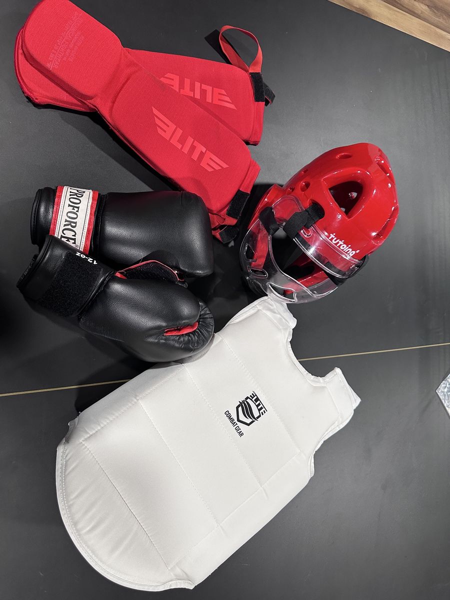 ELITE & PROFORCE Combat Gear Set: Shin Guards, Headgear, Gloves, Chest Protector - Red/White/Black