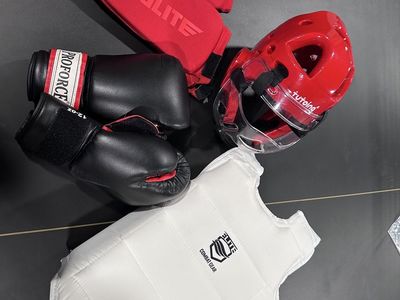 ELITE & PROFORCE Combat Gear Set: Shin Guards, Headgear, Gloves, Chest Protector - Red/White/Black