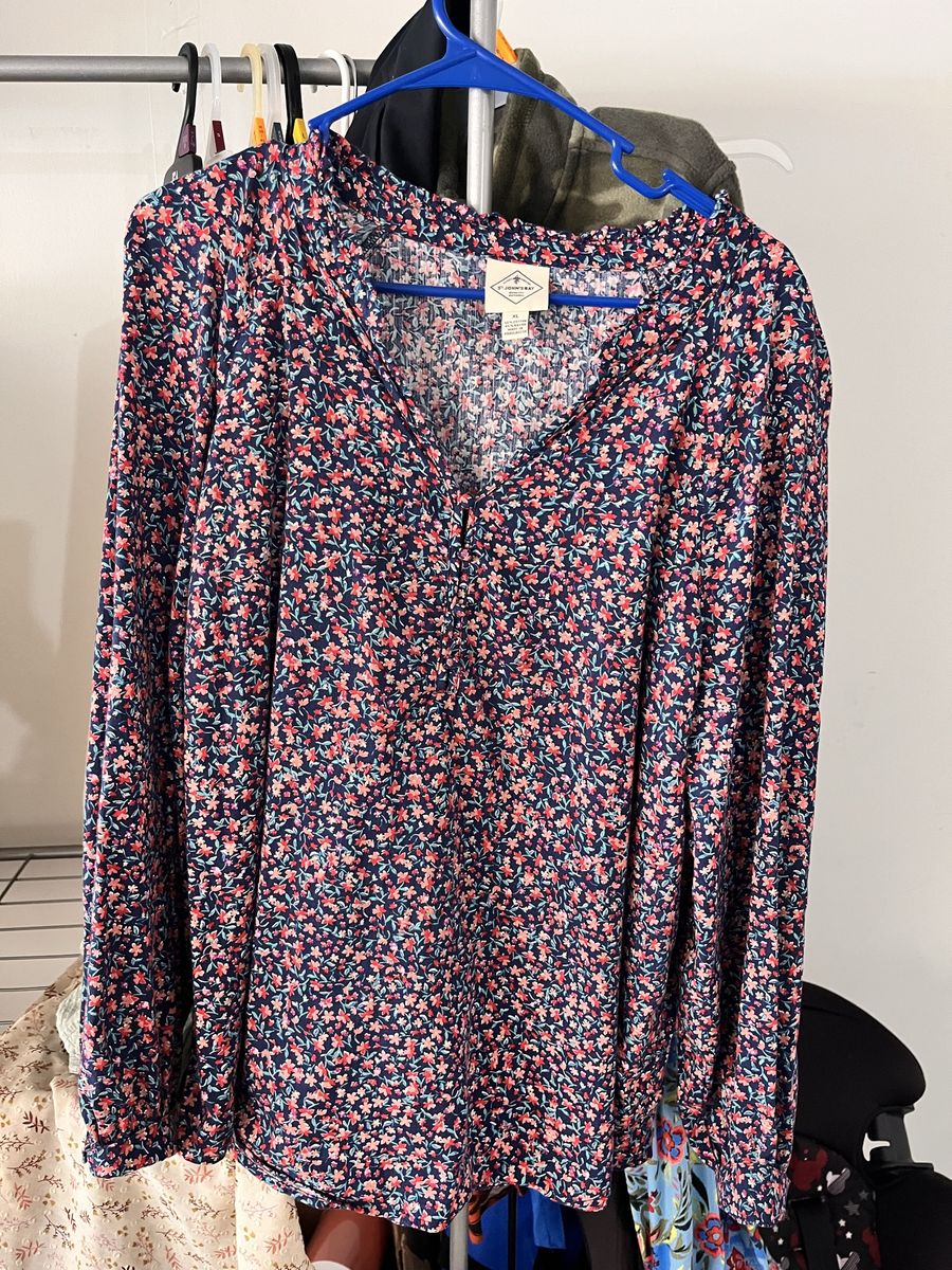 Navy blue floral blouse, Women clothes, XL