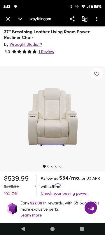 Wrought Studio 37" Breathing Leather Power Recliner Chair with Cup Holders and LED Lighting
