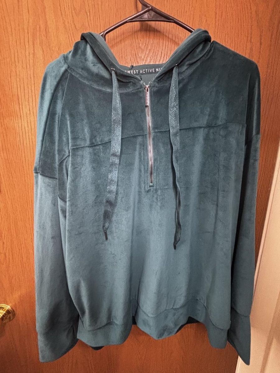 Nine West Active Velvet 1/4 Zip Hoodie in Dark Teal, Women's Size L - Comfortable & Stylish