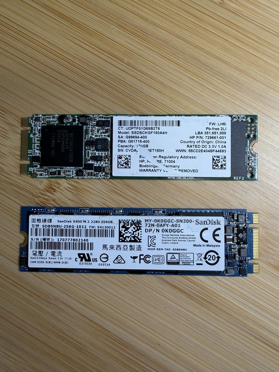 SanDisk X400 M.2 SATA 2280 256GB SSD (SD8SN8U-256G-1012) & HP SSDSCKGF180A4H M.2 SATA 180GB SSD