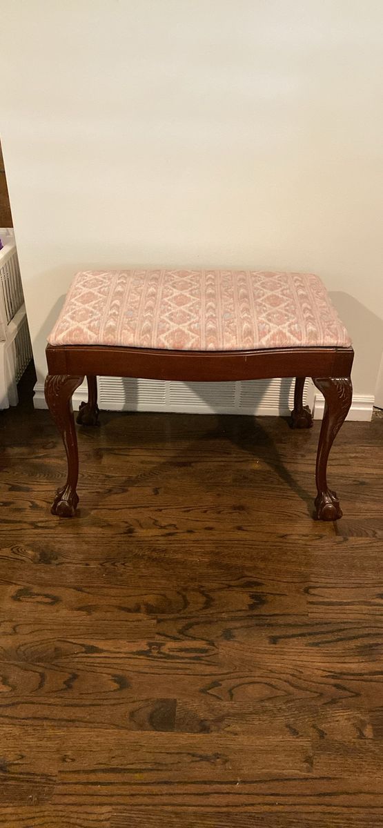 Vintage Carved Wood Bench Stool with Upholstered Seat - Claw Foot Legs, Pink Patterned Fabric