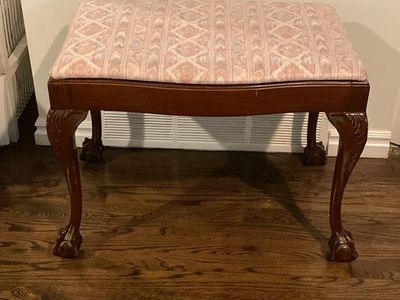 Vintage Carved Wood Bench Stool with Upholstered Seat - Claw Foot Legs, Pink Patterned Fabric
