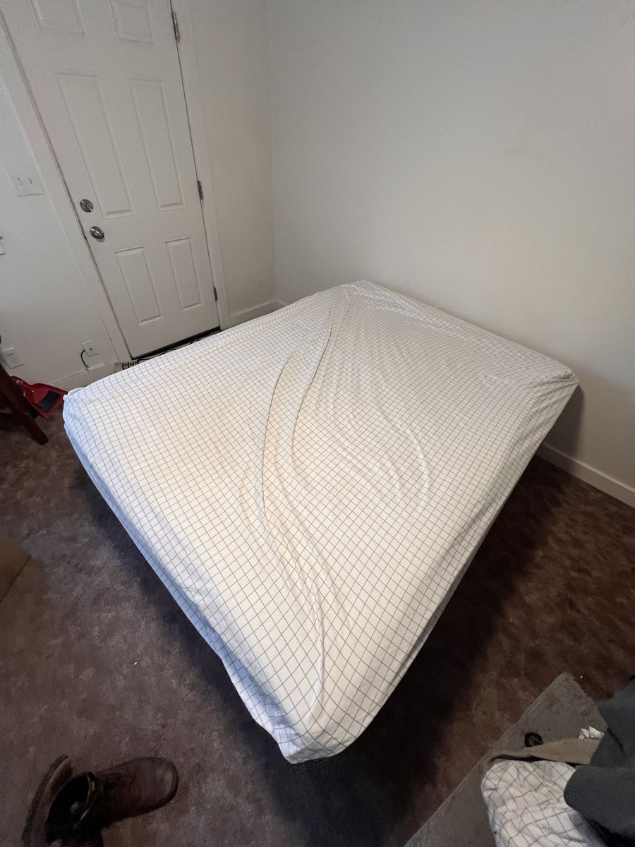 Queen bed frame, box spring, mattress