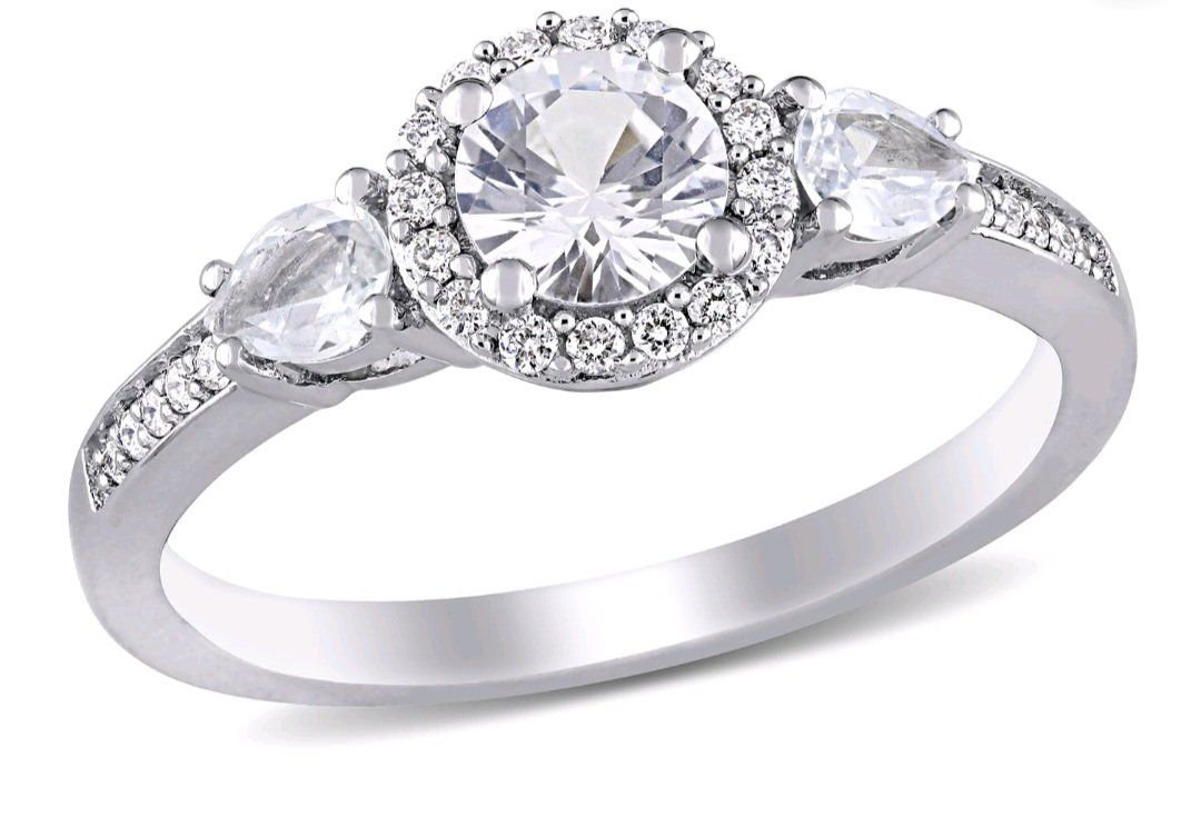 White Sapphire & Diamond Accent Three Stone Halo Ring in 14K Gold