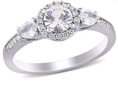 White Sapphire & Diamond Accent Three Stone Halo Ring in 14K Gold