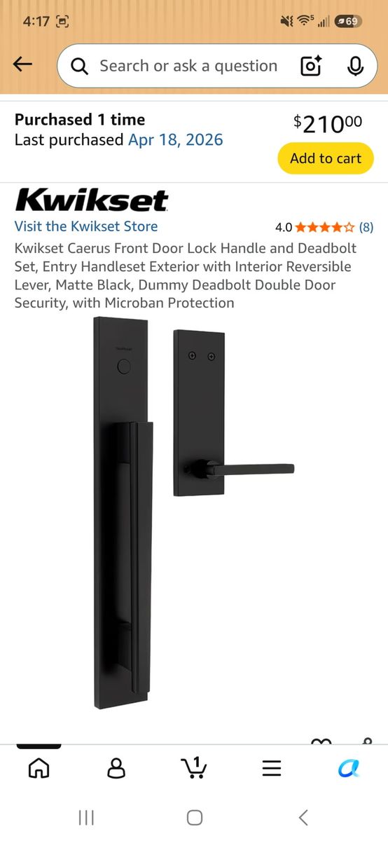 Kwikset Caerus front door handle and lock
