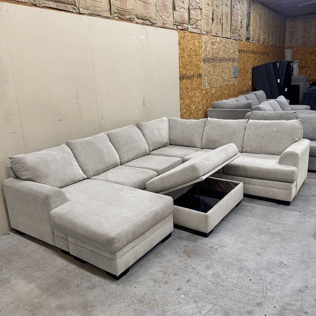 Large Beige Sectional Couch w/ Storage Ottoman - Delivery Available