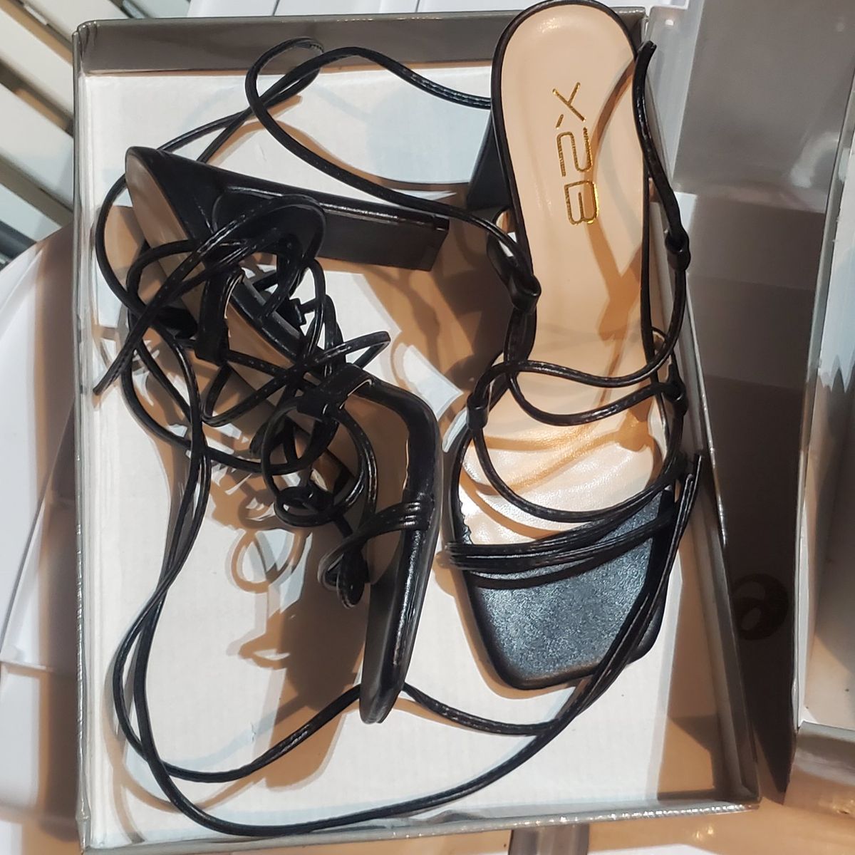 NEW - X2B White & Black Lace-Up Heeled Sandals Women's Size 7.5 Strappy Block Heels