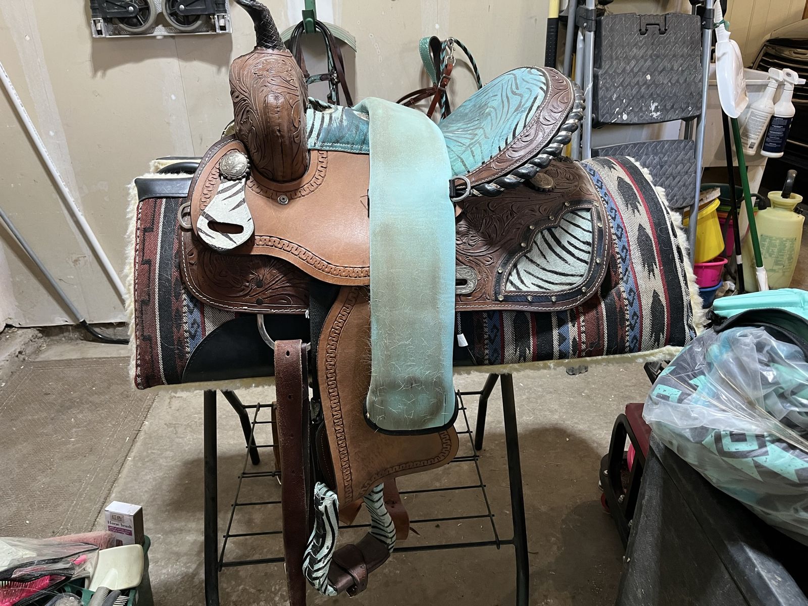 Western Horse Saddle - Tooled Leather, Teal Seat, Zebra Accents with Matching Pad