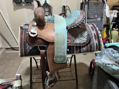 Western Horse Saddle - Tooled Leather, Teal Seat, Zebra Accents with Matching Pad