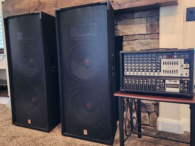 Rockville RPM109 12 Channel 4,800 Watt Powered Mixer with Remote and (2) Rockville RSG 15.24 Dual 15” 3000 Watt 3 way Speakers