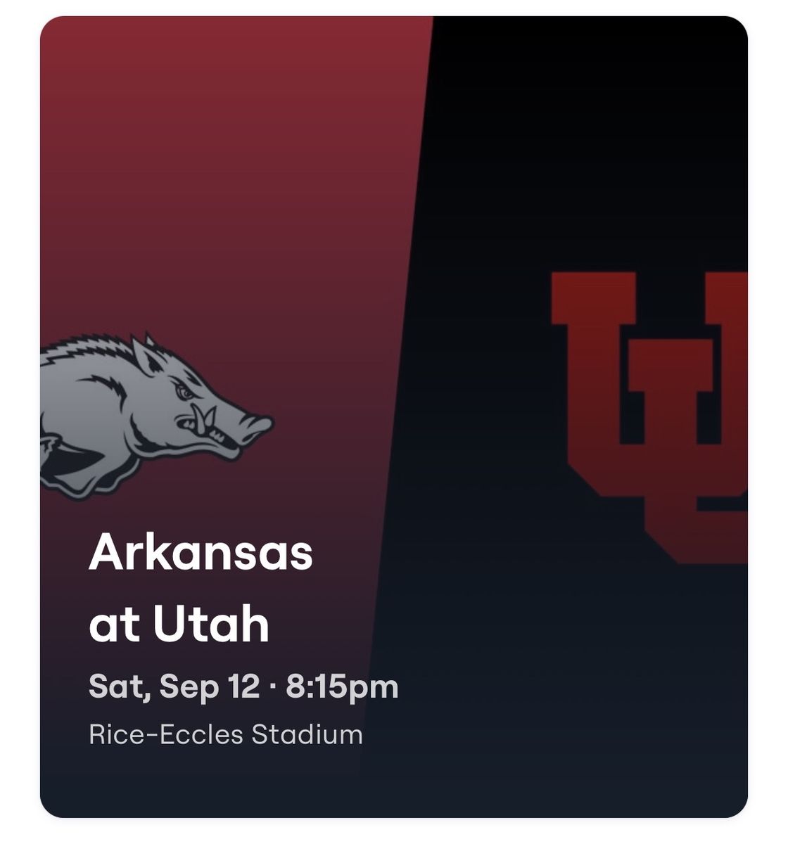 Arkansas at Utah Football Tickets - Rice-Eccles Stadium (Sept 12) 3 tickets north end zone row 20 aisle seats