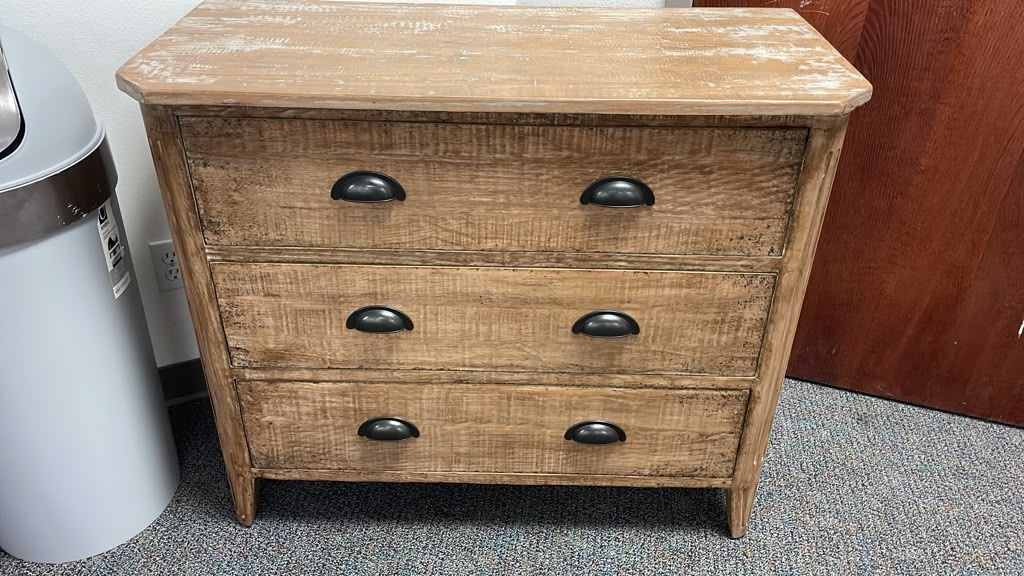 Rustic Distressed Wooden 3-Drawer Dresser with Dark Cup Pulls