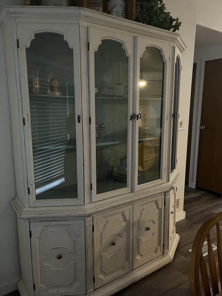 White Distressed Corner China Cabinet Hutch with Glass Doors