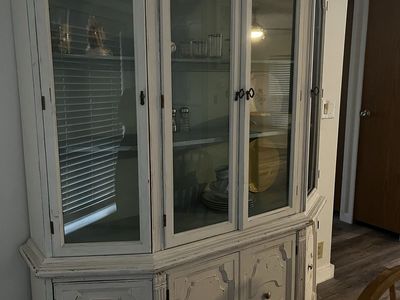 White Distressed Corner China Cabinet Hutch with Glass Doors