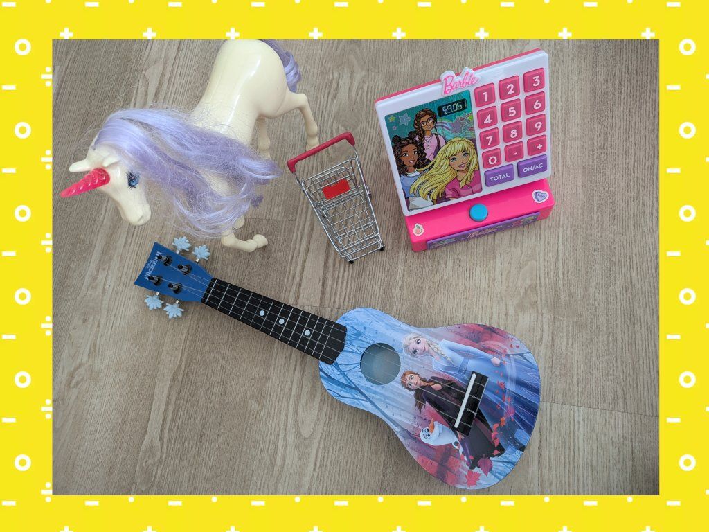 Barbie Cash Register, Frozen Ukulele, Unicorn, & Mini Shopping Cart Toy Bundle