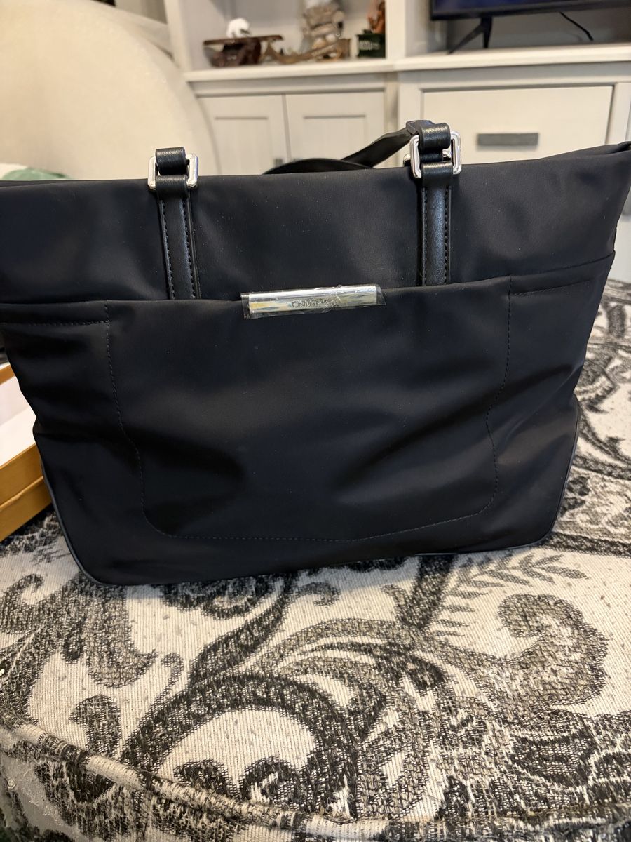 Calvin Klein Black Nylon & Faux Leather Tote Bag with Silver-Tone Hardware