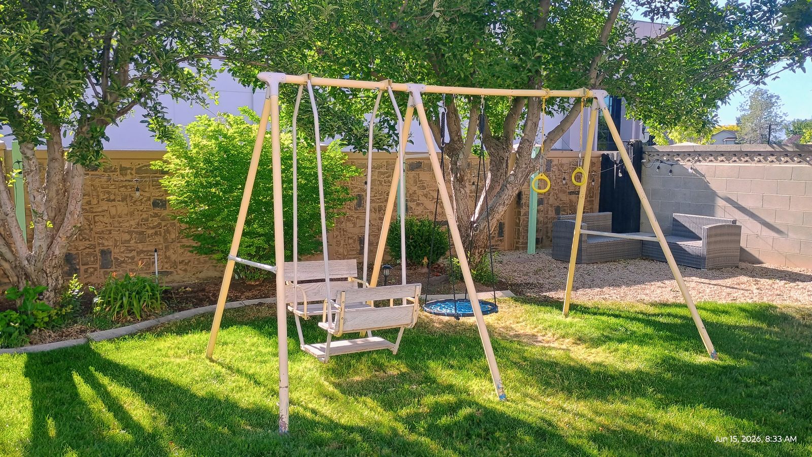Metal Swing Set with 2 Swings & Trapeze Bar, Plus Round Web Swing & Toddler Swing