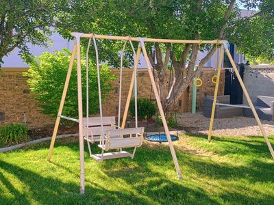 Metal Swing Set with 2 Swings & Trapeze Bar, Plus Round Web Swing & Toddler Swing