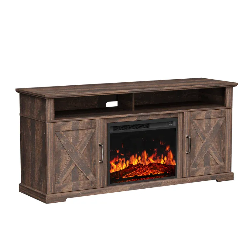 ELECTRIC FIREPLACE TV STAND FOR TVS UP TO 65", FARMHOUSE ENTERTAINMENT CENTER WITH FIREPLACE, VINTAGE BROWN PIWFS05V