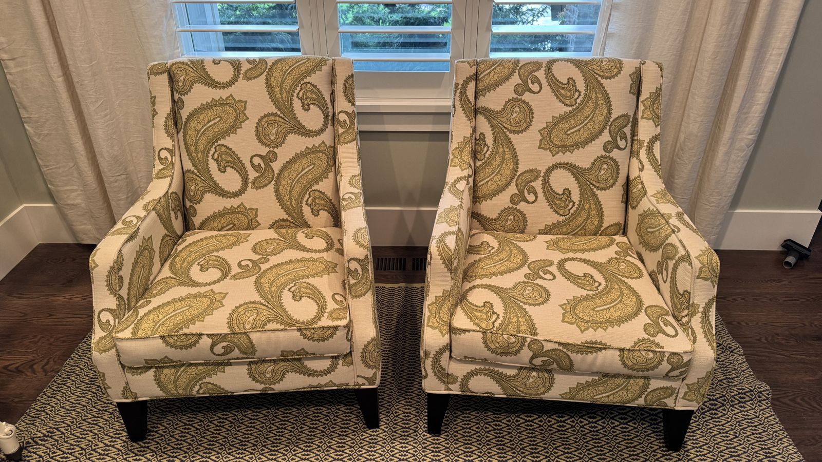 Pair of Paisley Upholstered Armchairs - Ivory and Green Accent Chairs