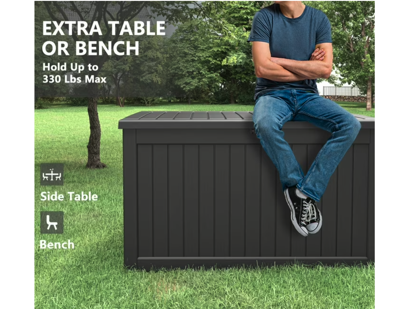 New 230 Gallon Resin Deck Box, Large black 58" wide Storage Box, Weatherproof and UV Resistant