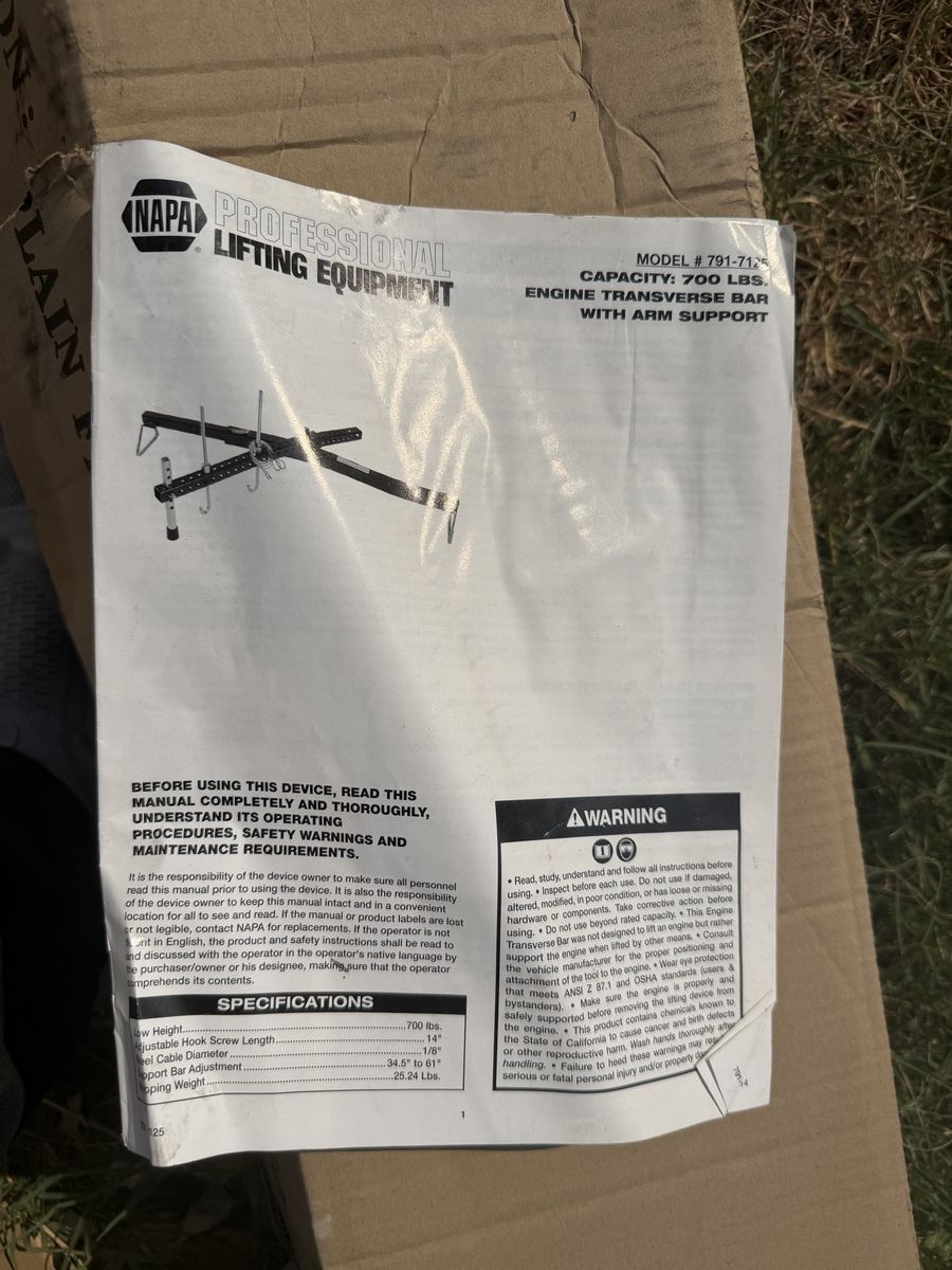 NAPA Professional 700 lbs Engine Transverse Bar with Arm Support #791-7125