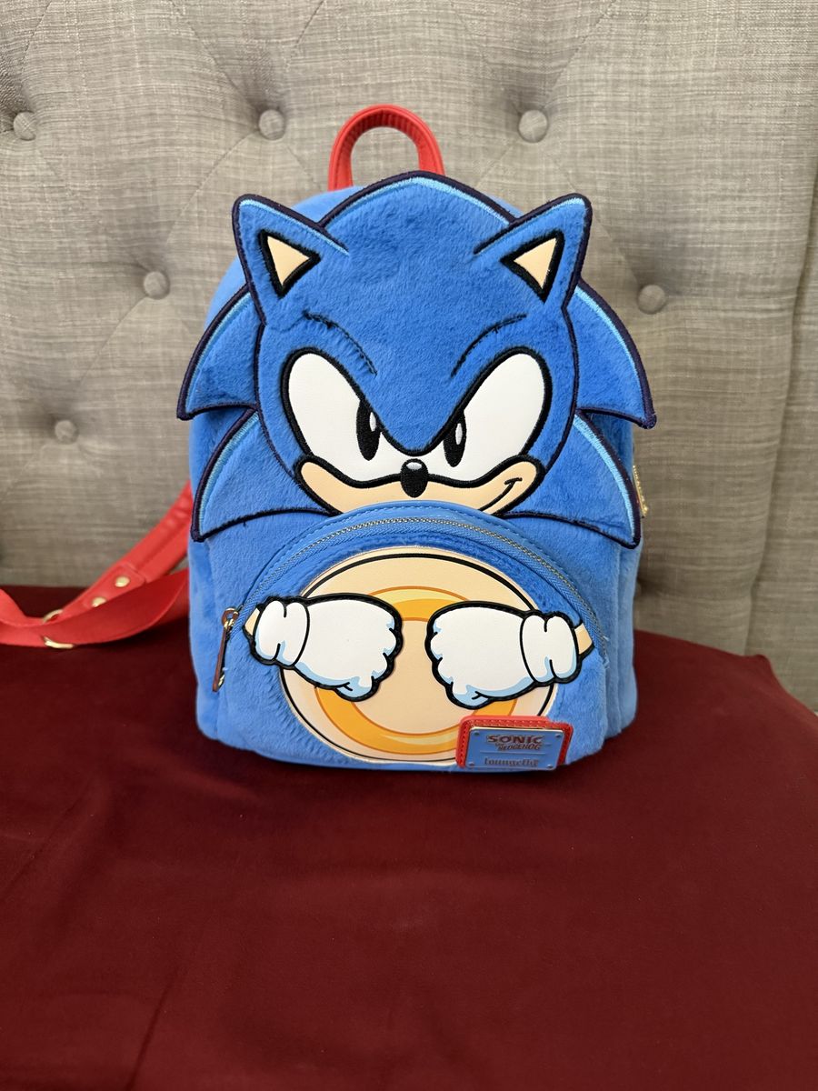 Loungefly Sonic the Hedgehog Fuzzy Mini Backpack - Blue with Red Straps, Official Licensed Sega