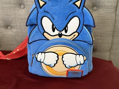 Loungefly Sonic the Hedgehog Fuzzy Mini Backpack - Blue with Red Straps, Official Licensed Sega