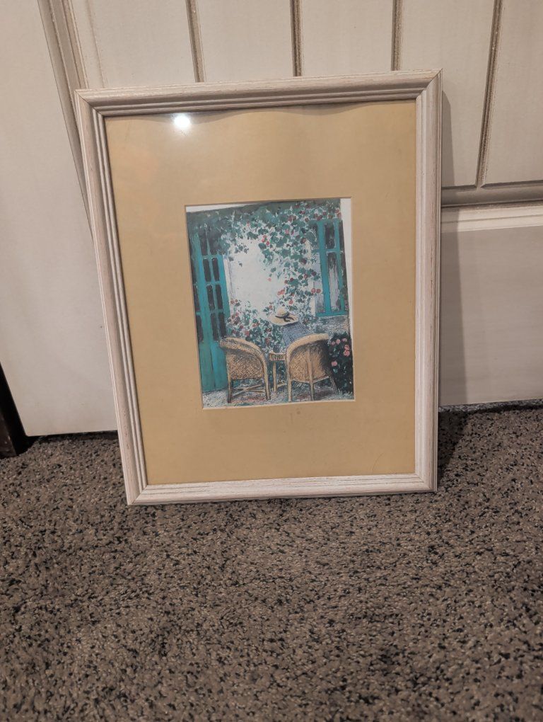 Framed Wicker Chair Patio Art Print 11x14 with White Wooden Frame and Teal Shutters