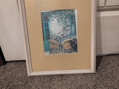 Framed Wicker Chair Patio Art Print 11x14 with White Wooden Frame and Teal Shutters